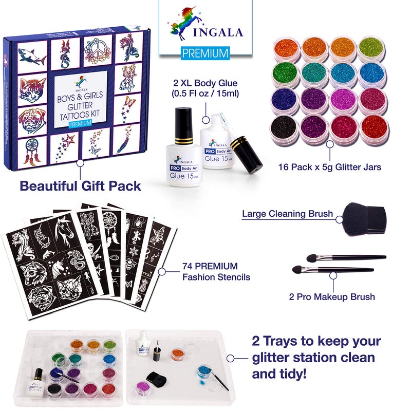 INGALA Premium Glitter Temporary Tattoo Kit for Boys and Girls, 74 Stencils, 16 Colors and 2X 0.5 fl.oz Body Glue for Body Glitter Fake Tattoos for Kids Makeup Tattoo Supplies Party Favors Party Supplies - Image 2